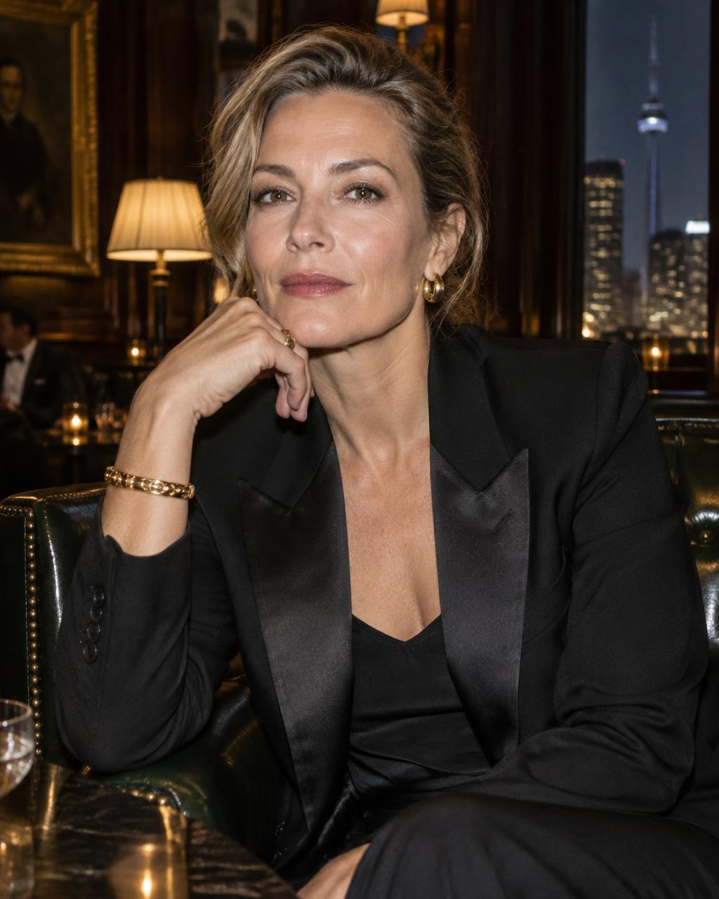 Confident woman in evening tailoring seated inside a private club