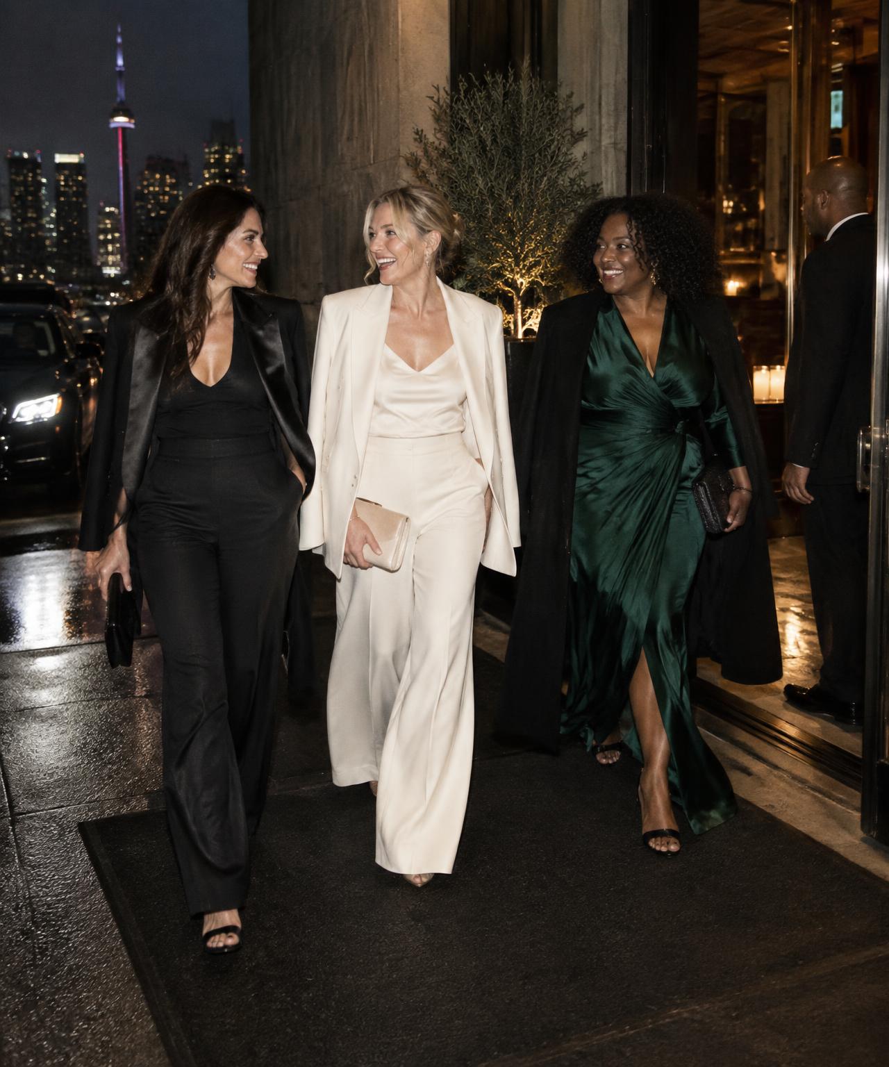 Three stylish women arriving together at a Toronto members club