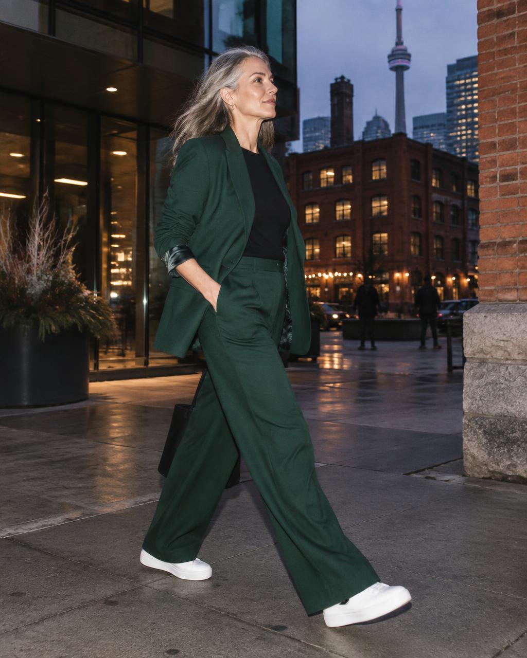 A stylish woman in an emerald suit walking with purpose through downtown Toronto